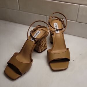 Steve Madden Tan Leather Block Heel Sandals with Woven Heel